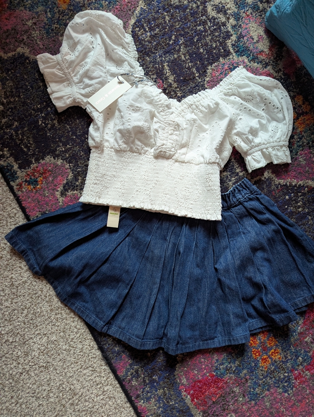 White Eyelet Puff Sleeve Top + Denim Pleated Mini Skirt Set | Cottage Core